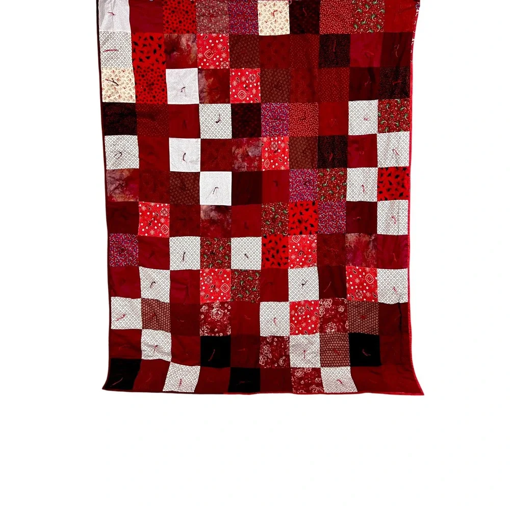 Handmade Reversible Twin Quilt 60x70 Red Patchwork Tropical Floral Tied